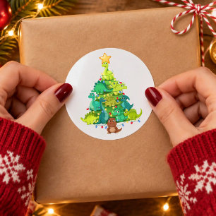 Sticker Rond Lumières de sapin de Noël dinosaure T Rex enfants 