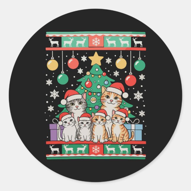 Sticker Rond Lumières de sapin de Noël moche de chat Fêtes de N (Devant)