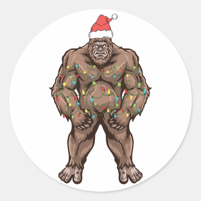 Sticker Rond Lumières des arbres de Noël de Bigfoot Père Noël (Devant)