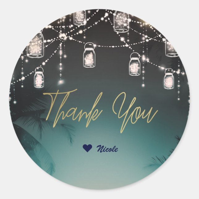 Sticker Rond Lumières Étincelantes Palmiers Elégant Mariage Pla (Devant)