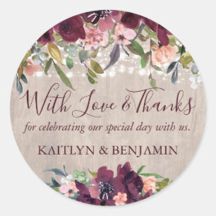 Sticker Rond Lumières florales en bois rustique Amour et merci 