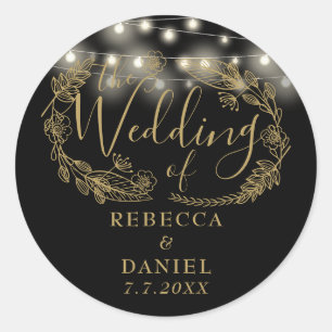 Sticker Rond Lumières Guirlande Florales Noir Et Or Mariage
