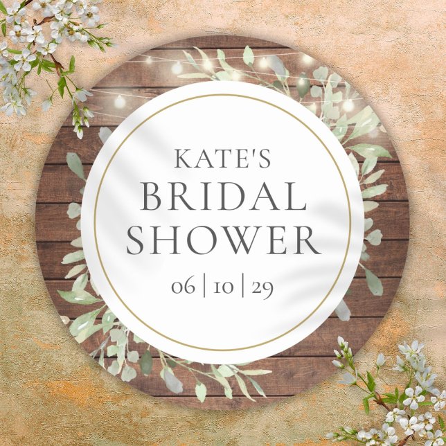 Sticker Rond Lumières Guirlandes Rustiques de Mariage (Greenery Rustic String Lights Bridal Shower Classic Round Sticker)