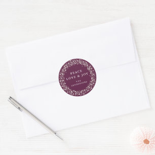 Sticker Rond Lumières Pailletées Prune Paix Amour+Joie Noël