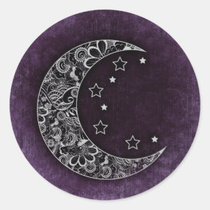 Sticker Rond Lune à croissant floral d'or et étoiles sur violet