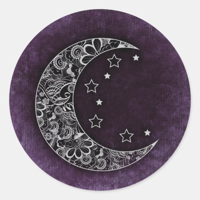 Sticker Rond Lune à croissant floral d'or et étoiles sur violet (Devant)