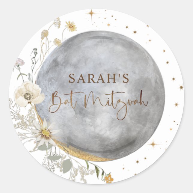 Sticker Rond Lune Céleste, Argent, Blanc et Or Bat Mitzvah (Devant)