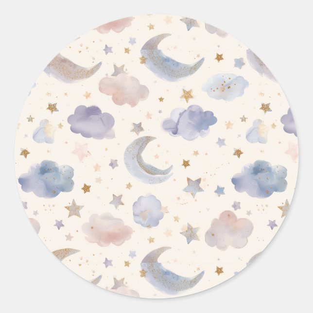 Sticker Rond Lune Céleste Étoiles Nuages Pastel Lavande (Devant)
