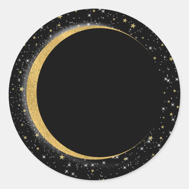 Sticker Rond Lune céleste noire et dorée, étoiles, nuit lunaire (Devant)