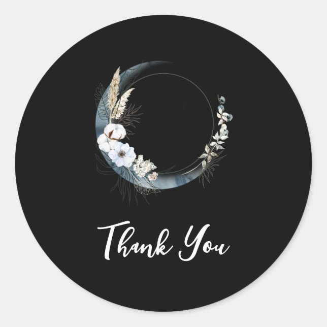 Sticker Rond Lune Croissant Bleu avec Merci Fleurs Blanches (Devant)