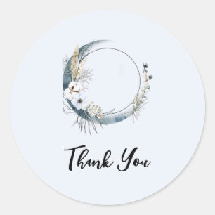 Sticker Rond Lune Croissant Bleu avec Merci Fleurs Blanches