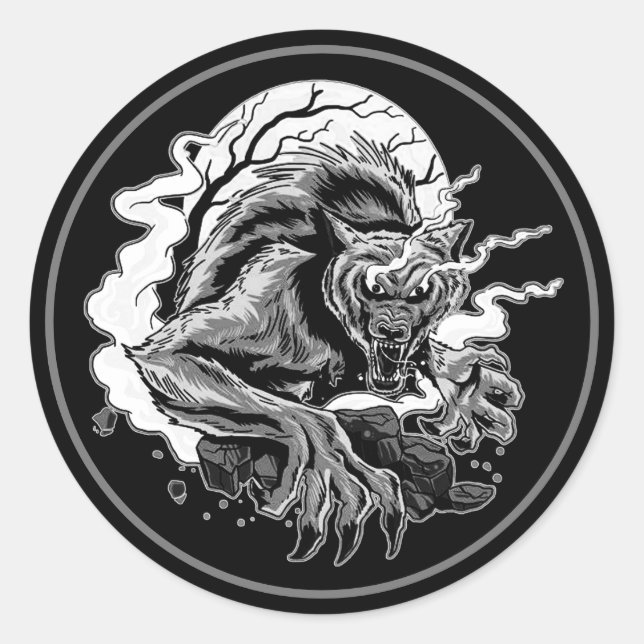 Sticker Rond Lune de loup-garou monochrome (Devant)