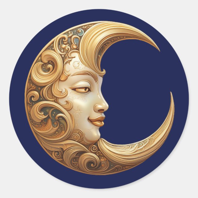 Sticker Rond Lune dorée ornée avec visage, céleste (Devant)