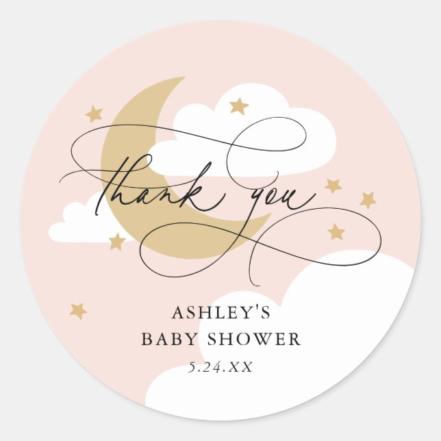 Sticker Rond Lune et étoiles Baby shower de Merci rose (Devant)