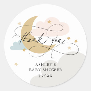 Sticker Rond Lune et étoiles Baby shower multi-Script Merci