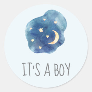 Sticker Rond Lune et étoiles Bleu C'est un chevalet de Baby sho