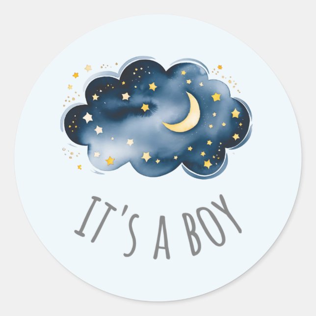 Sticker Rond Lune et Etoiles Bleu C'est Un Garçon Baby Shower (Devant)