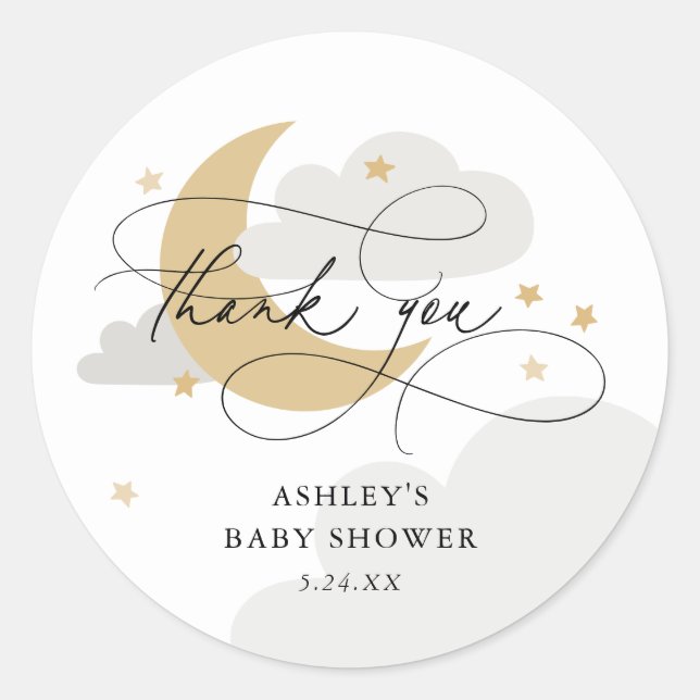 Sticker Rond Lune et étoiles Gris Script Baby shower Merci (Devant)
