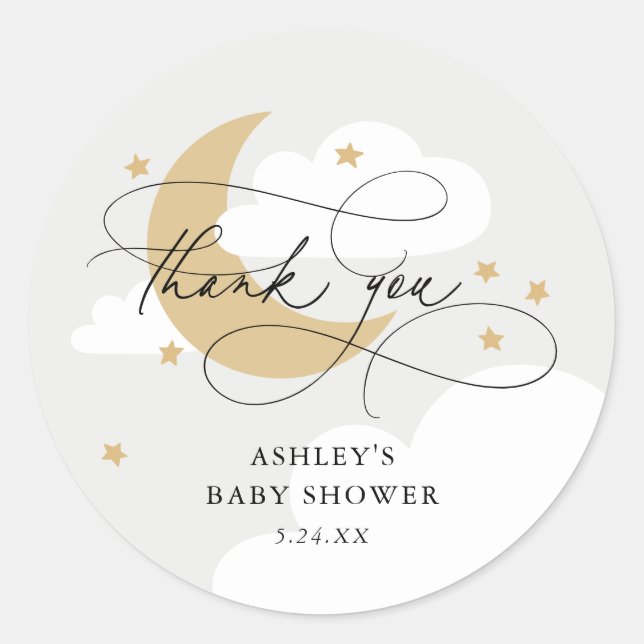 Sticker Rond Lune et étoiles Gris Script Baby shower Merci (Devant)