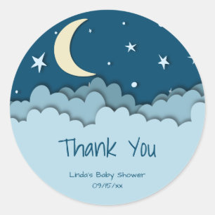Sticker Rond Lune et étoiles Merci bleu foncé Baby shower
