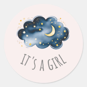 Sticker Rond Lune et étoiles rose C'est une fille Baby shower
