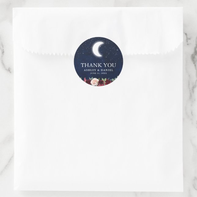 Sticker Rond Lune Étoiles Floral Merci Mariage Céleste (Sac)