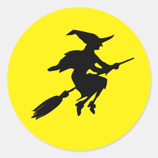 Sticker Rond Lune jaune et sorcière volante noire Halloween (Devant)
