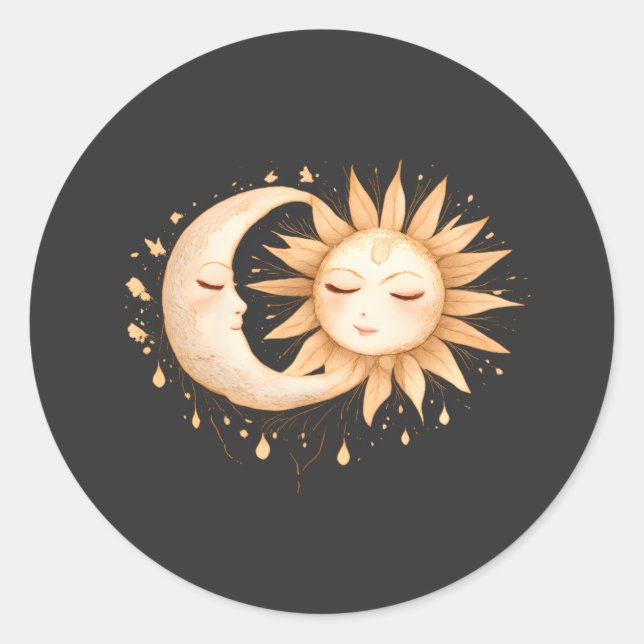 Sticker Rond Lune Mystique et Soleil Style Bohème Céleste (Devant)