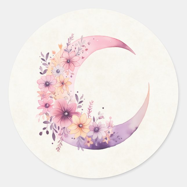 Sticker Rond Lune rose Croissant avec de jolies fleurs (Devant)