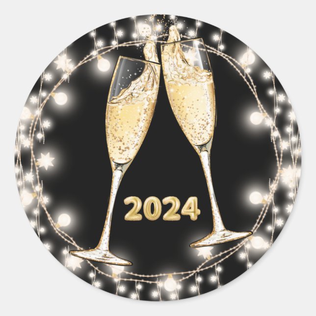 Sticker Rond Lunettes de Champagne de Nouvel An Lumières à cord (Devant)