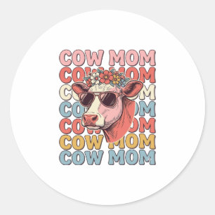 Sticker Rond Lunettes de soleil rétro Cow Mom gravure vintage D