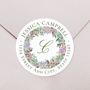 Sticker Rond Luscif Floral Wreath Monogramme Adresse de retour