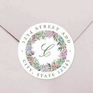Sticker Rond Luscif Floral Wreath Monogramme Adresse de retour