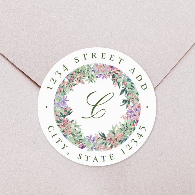 Sticker Rond Luscif Floral Wreath Monogramme Adresse de retour (Créateur téléchargé)