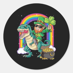 Sticker Rond Lutin à cheval sur un dinosaure Saint-Patrick Garç