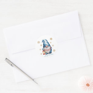 Sticker Rond Lutin de Noël bleu avec des baies de lanterne roug