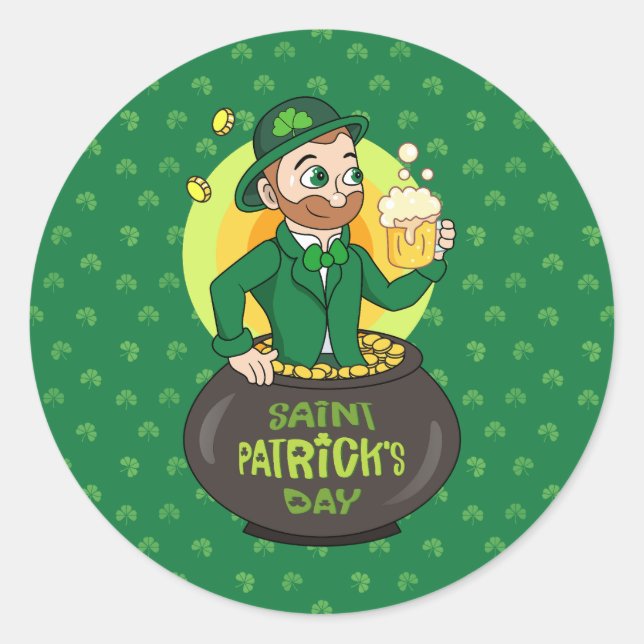 Sticker Rond Lutrin de dessin animé dans un pot d'or tenant un  (Devant)