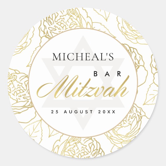STICKER ROND LUX NAVY BLUE GOLD ROSE FLORAL BAR BAT MITZVAH (Devant)