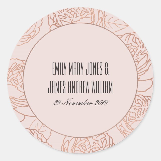 STICKER ROND LUXE ELEGANT BLUSH ROSE ROSE OR FLORAL MARIAGE (Devant)