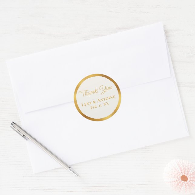 Sticker Rond Luxe Gold Edge Ecru Merci Noms Mariage Date (Enveloppe)