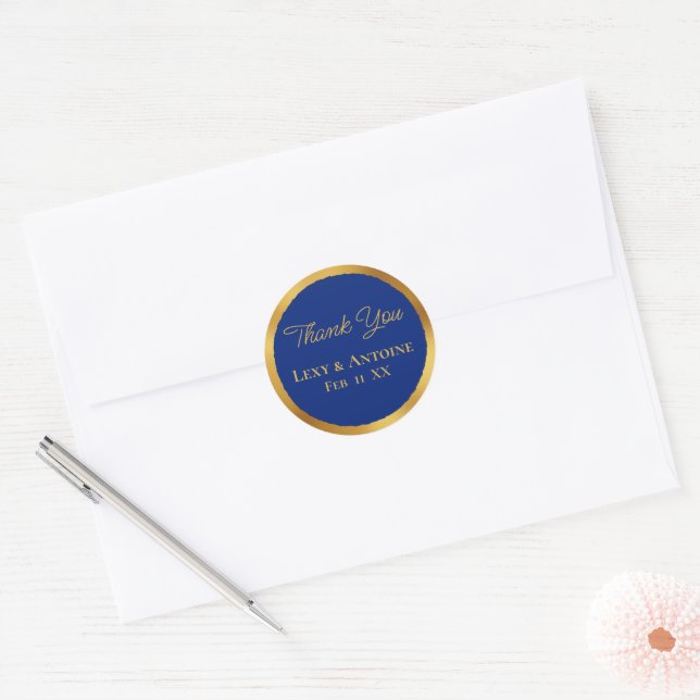 Sticker Rond Luxe Gold Edge Royal Blue Merci Noms Date (Enveloppe)