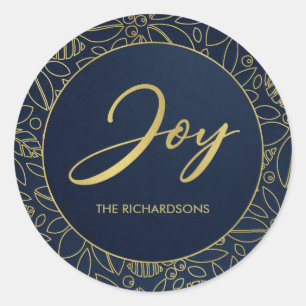 STICKER ROND LUXE NAVY GOLD HOLLY BERRIES CHRISTMAS JOY