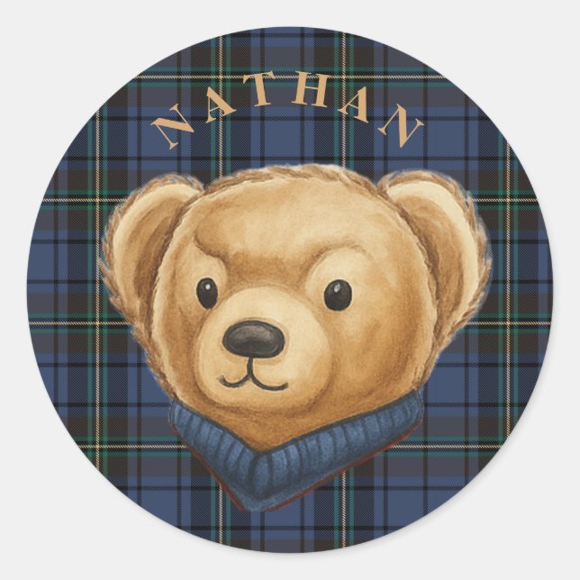 Sticker Rond Luxe Préparé Plaid Teddy Bear Tête (Devant)