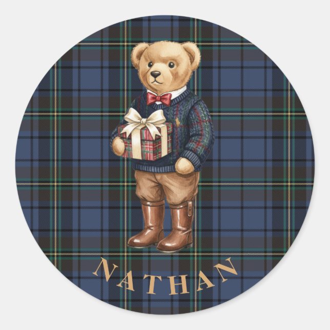 Sticker Rond Luxe Preppy Plaid Christmas Teddy Bear (Devant)