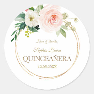 Sticker Rond Luxe Rose Fleurs Blanches Or Quinceañera