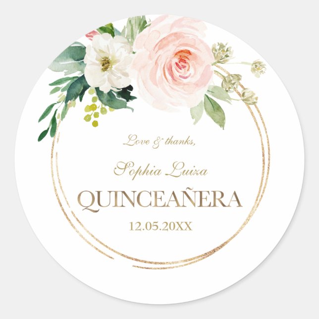 Sticker Rond Luxe Rose Fleurs Blanches Or Quinceañera (Devant)