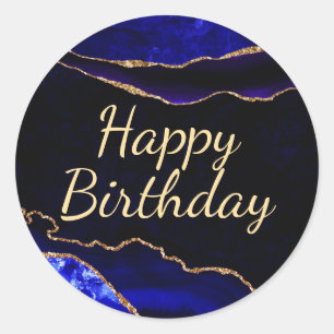 Sticker Rond Luxueux Anniversaire Agate Bleu et Or Paillettes