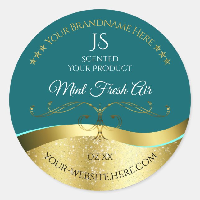 Sticker Rond Luxueux Décor Wavy Or foncé Monogramme Turquoise É (Devant)