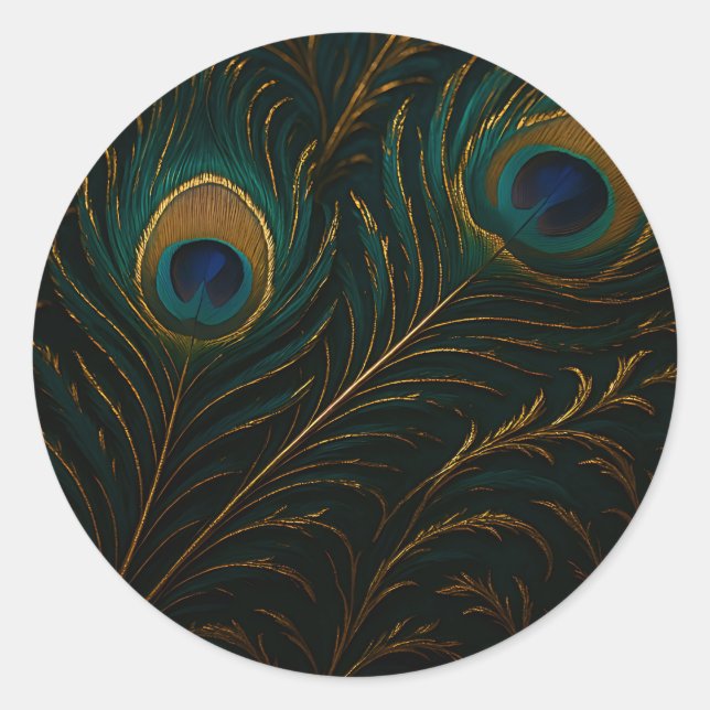 Sticker Rond Luxurious Peacock Feathers Golden Teal Pattern (Devant)