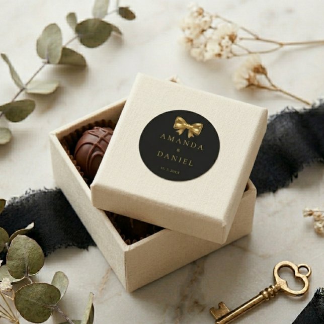 Sticker Rond Luxury Black and Gold  Golden Bow Wedding  (Créateur téléchargé)